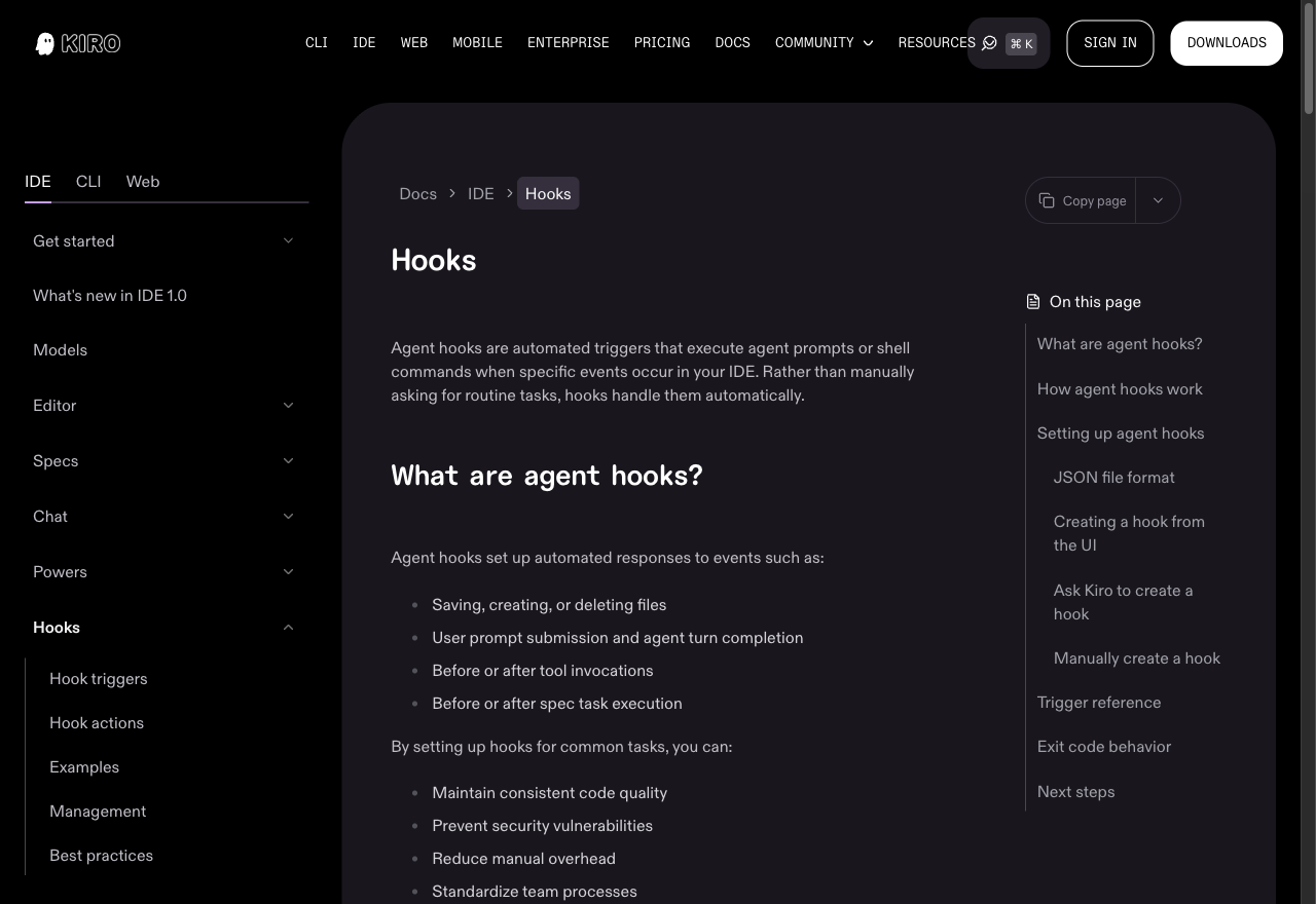 Kiro Agent Hooks 문서 화면
