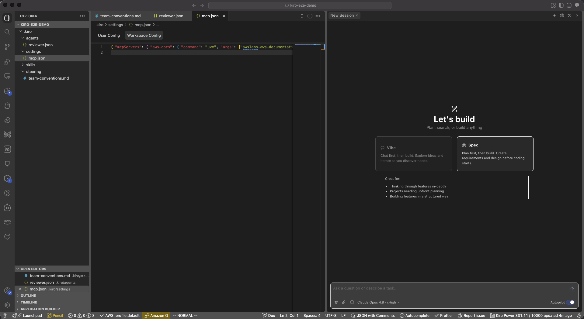 Kiro IDE의 MCP 설정 편집기(User/Workspace Config)와 reviewer.json, mcp.json 탭